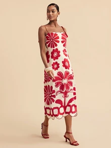 Travachic Women's Floral Print Casual Party Spaghetti Strap Dress - Red - View 5