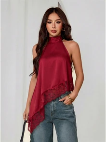 SHEIN PETITE 不對稱高領掛脖上衣，蕾絲飾邊，晚宴派對雞尾酒會正式優雅無袖款 - 玫瑰紅 - 查看 7