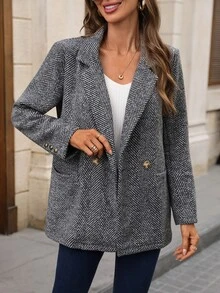 EMERY ROSE Women's Houndstooth Lapel Long Sleeve 2-Button Pocket Jacket - Black - View 4