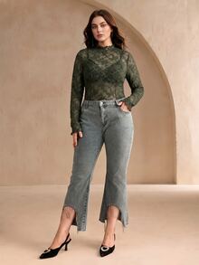 Anewsta Plus Size Sexy Sheer Lace Long Sleeve Top - Army Green - View 4