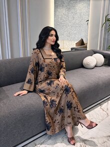 Al Najma Plus Size Women Woven Digital Position Print Burnout Long Sleeve Button Closure Elegant Casual Dress - Multicolor - View 3