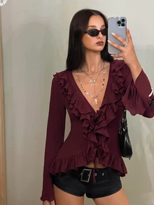 EgrlEra Street Style Hot Girl Pure Desire Ruffle Trim V-Neck Bowknot Drawstring Long Sleeve Thin Jacket - Red Violet - View 4