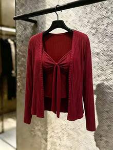 GlowEve CURVE Plus Size Knit Elegant Camisole & Long Sleeve Cardigan Two Pieces Set Autumn - Red - View 1