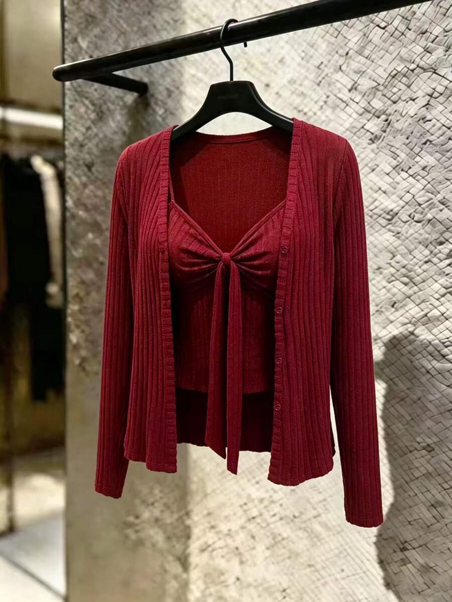 GlowEve CURVE Plus Size Knit Elegant Camisole & Long Sleeve Cardigan Two Pieces Set Autumn - Red - View 1