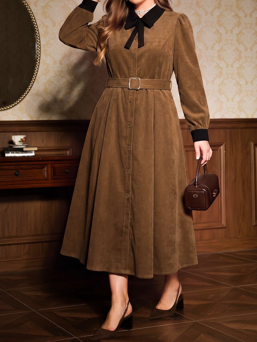 Auvina Plus Size Women's Woven Casual Fall Long Dress - Brown - View 1