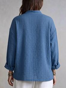 Breezaya Plus Size Women Solid Color Notched V-Neck Long Sleeve Casual Loose Fit Top - Blue - View 2