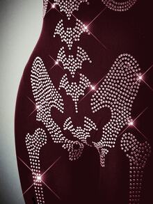 Amplova 女款半透網紗性感 Techno Goth Y2K 修身長袖露背綁帶中長洋裝，酒紅色，適合萬聖節、電音派對、夏季 - 酒紅色 - 查看 4