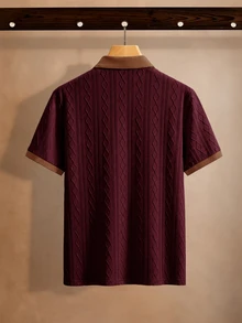 EGENSIO Men's Knitted Jacquard Solid Color Textured Apricot & Deep Brown Ribbed Collar & Cuffs Two White Buttons Polo Shirt - Burgundy - View 2