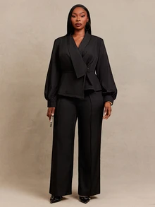 SHEIN SXY Women's Plus Size Black Blazer And Pants 2 Pieces Set - Black - View 4