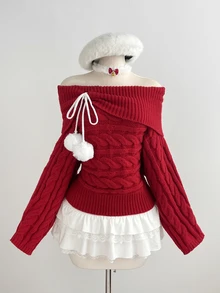 Elamini Women's Red Sexy Versatile Square Neck Cute Pom Pom Daily Commute Christmas Outfit Autumn Winter Pullover Sweater - Red - View 3