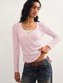 Bohemela Women's Contrast Lace V-Neck Embroidered Long Sleeve T-Shirt - Pink - View 3