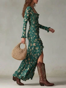 Glimmora Women's Autumn/Winter Fashion Vintage Long Sleeve Ruffle Trim Square Neck Elastic Bodycon High Slit Dress - Green - View 5