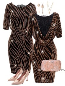 SHEIN Clasi Women's Zebra Print Mesh & Lace Patchwork Backless Cowl Neck Short Sleeve Fitted Bodycon Mini Dress - Black and Gold - View 3