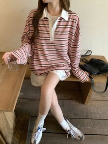 Dazy Kids Sweatshirt Kasual Lengan Panjang Berkerah Polo Bergaris Model Bahu Longgar untuk Remaja Perempuan - Berwarna merah muda - View 7