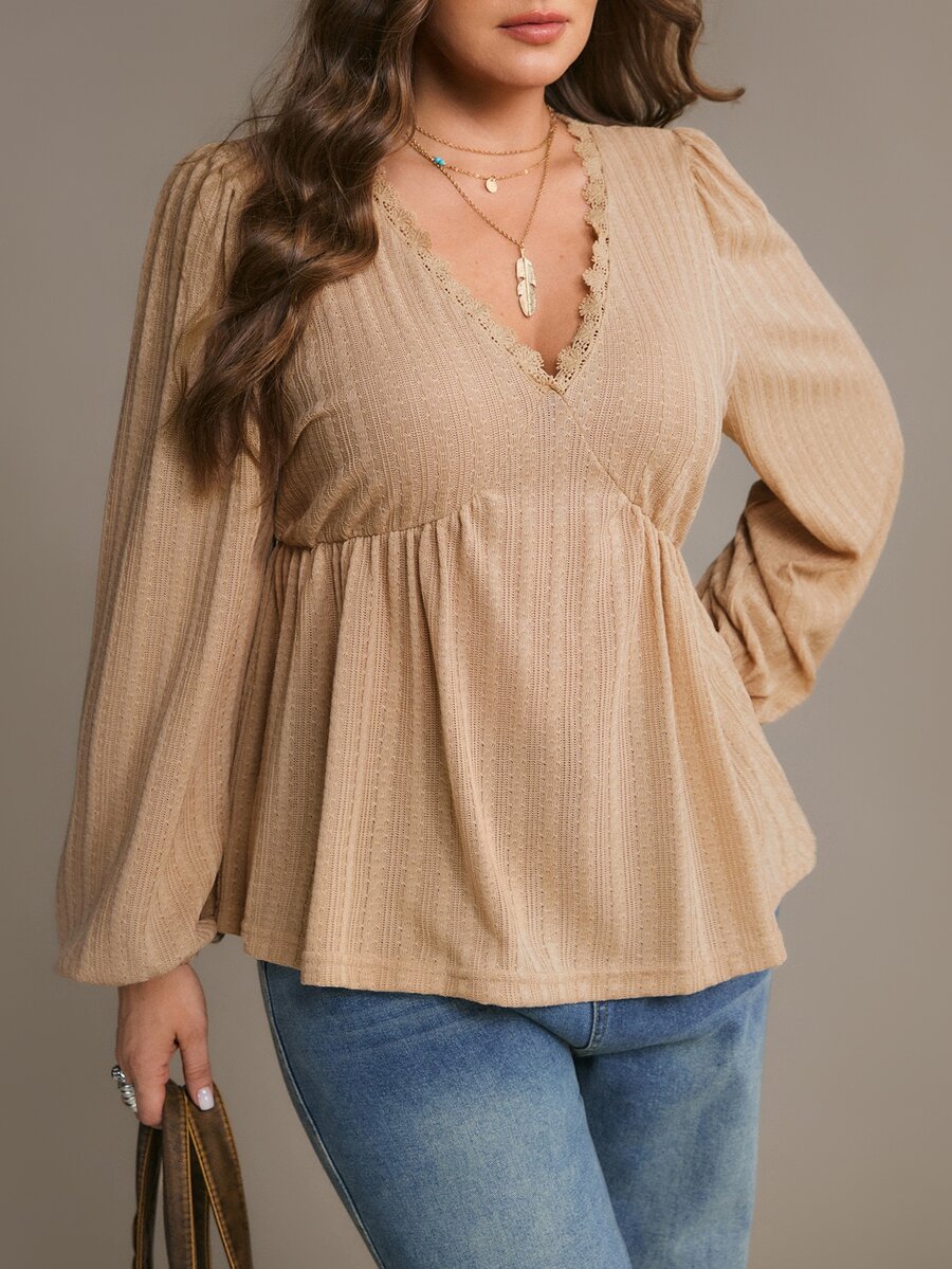 Freevana Plus Size Women's Bohemian Romantic Long Sleeve T-Shirt - Apricot - View 1