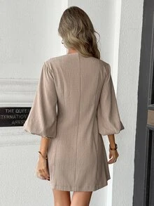 Pariaura Elegant Casual Slim Fit Flattering Single-Breasted Lantern Sleeve Short Sleeve Dress - Multicolor - View 2