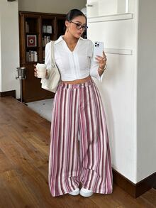 Rivivi Festival Plus Size Women Pink Striped Non-Stretch Slim Straight Leg Jeans - Pink - View 1