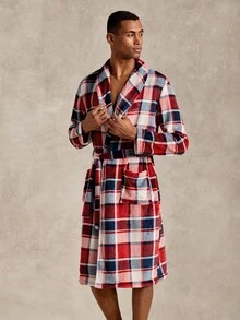 EverLounge Autumn/Winter Men's Minimalist Basic Fit British Style Christmas Contrast Plaid Print Flannel Fabric Lapel Loungewear Robe - Multicolor - View 4