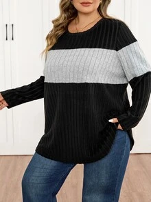 SHEIN CURVE+ Contrast Color Round Neck Ribbed Long Sleeve Casual T-Shirt, Autumn/Winter Contrast Knit Ribbed Top, Suitable For Plus Size 5XL-8XL - Multicolor - View 7