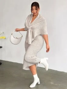 Firerie Atmospheric Knit Cover Up Dress With Multiple Wearing Styles, Knot Detail, V Neck, Loose Fit, Flattering Silhouette, Versatile Fall Cocktail Grey - Apricot - View 2