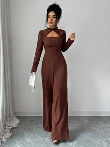 Elenzga Autumn/Winter Daily Commute Minimalist Slim Fit Lace High Neck Floral Lace Patchwork Ribbed Slimming Flared Jumpsuit Solid Dark Coffee Color Women's Jumpsuit - Coffee Brown - View 4