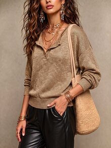 LUMIGAL Women's Casual Fashion Button Half-Placket Long Sleeve Sweater For Commuting Brunch Khaki Autumn - 金色 - 查看 5