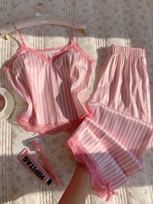 Comfortcana Women's Contrast Lace Striped Camisole Top And Long Pants 2 Pieces Set - Pink - View 8