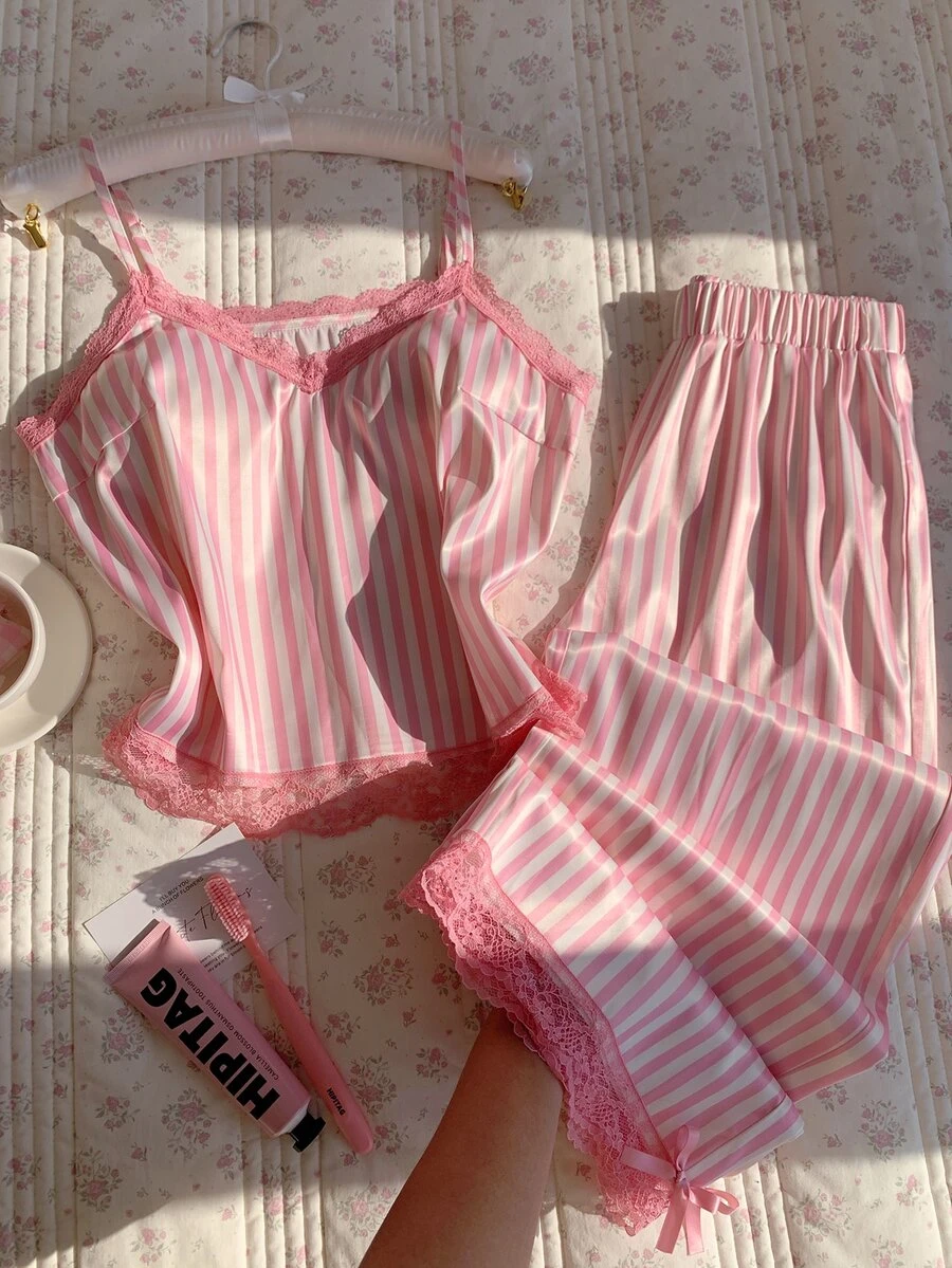 Comfortcana Women's Contrast Lace Striped Camisole Top And Long Pants 2 Pieces Set - Pink - View 1