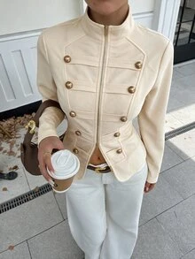 Lavishia 女款新款極簡春夏復古立領襯衫上衣，修身拉鍊前開拿破崙/軍裝夾克背心，女款夏季服飾，適合戶外、鄉村音樂會穿搭、通勤、外出、街頭穿著的夏季上衣 - 杏色 - 查看 10