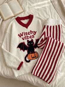 DAZY Halloween Themed Pattern Autumn/Winter Soft Knit Comfortable Half-Fleece 2 Pieces Loungewear Pajama Set For Women - Red - View 9