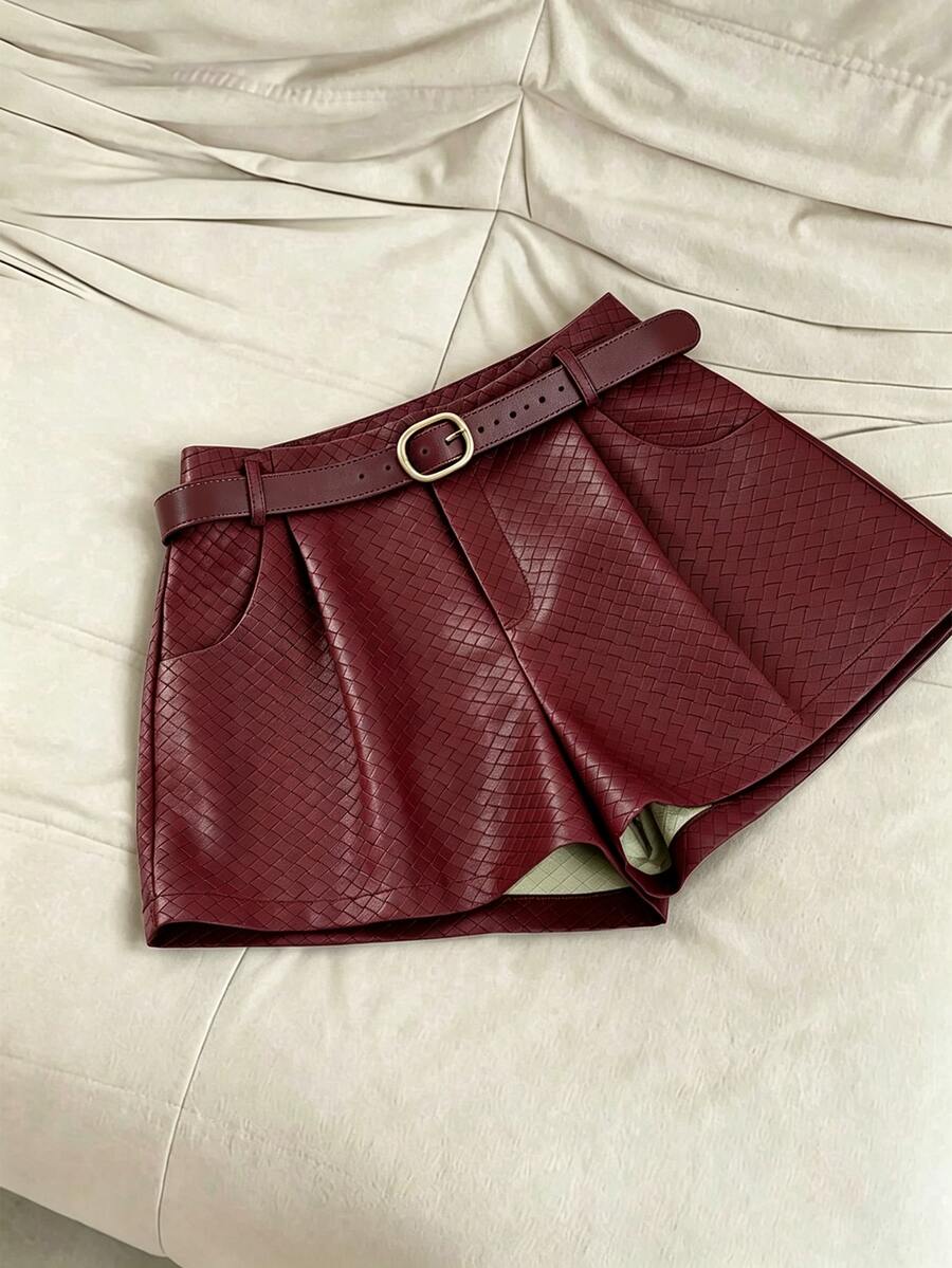INAWLY Women's Burgundy Woven Leather Shorts - Burgundy - View 1