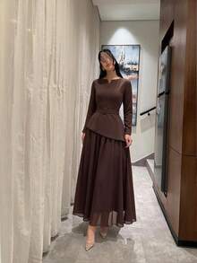 Celisse New Chinese Style Stand Collar Frog Button Flared Long Sleeve, Waist-Cinched Draped Full Skirt Maxi Cheongsam Dress - Dark Brown - View 5