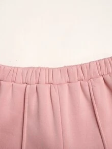 SHEIN 兒童青少年女孩秋冬款寬鬆休閒極簡舒適日常街頭風粉色抓絨內裡加厚貼袋前開襟拉鍊連帽衛衣外套，蝴蝶結裝飾袖口＋大廓形直筒運動長褲 2件套，返校穿搭，日常穿著 - 粉色 - 查看 7