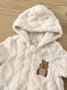 SHEIN 男嬰女嬰新生兒卡通熊貼布繡抓絨內裡加厚連帽長袖連身衣，適合秋冬穿著 - 杏色 - 查看 3