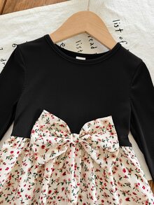 Emery Rose Kids Emery Rose Kids 女童小女孩可愛拼接洋裝，復古棕色羅紋上衣配蝴蝶結與花卉裙襬，長袖連身裙，適合春夏秋冬 - 黑色 - 查看 7