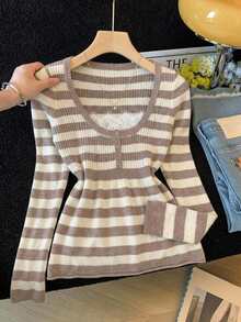 Livesso Women's Winter Apricot Round Neck Long Sleeve Cable Knit Slim Fit Ribbed Casual Sweater - Apricot - View 4