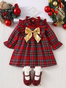 SHEIN Vintaside Kids 幼童女童聖誕格紋荷葉邊裙擺長袖蘇格蘭格子派對公主裙，附紅色格紋蝴蝶結，秋冬可愛復古風 - 紅色 - 查看 1