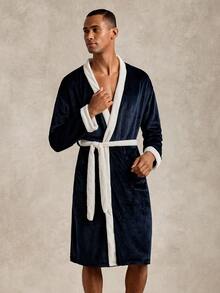 EverLounge Autumn/Winter Men's British Style Minimalist Basic Comfortable Soft Navy Blue Flannel Contrast White Long Robe - Navy Blue - View 7