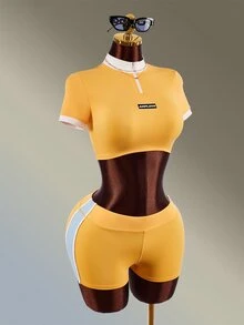 Amplova Women's Letter Print Stand Collar Short Sleeve Cropped T-Shirt And Shorts Sports Set - Butter Yellow - View 1