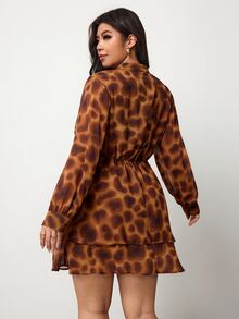 Enliva Plus Size Women's Printed Mini Dress V Neck Long Sleeve Ruffle Hem Flowy Dress Flattering Compatible With Apple Shape - Brown - View 2
