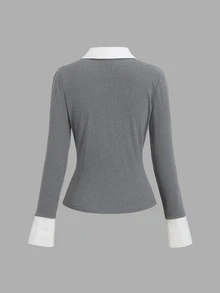 Sweetra Autumn/Winter New American Retro Polo Collar Patchwork Knit Slim Fit Flattering Women's 2 In 1 Shirt, Elegant Daily Study Commute - Grey - View 2