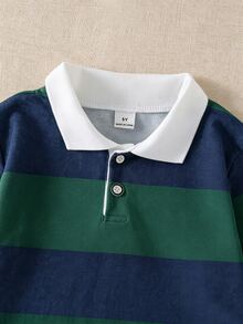 SHEIN Explorewe 小男孩條紋撞色學院領針織休閒寬鬆復古美式長袖 Polo 衫，適合校園與日常穿著 - 彩色 - 查看 4