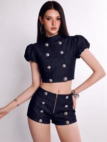 Rina Fox 女款立領雙排扣短款花瓣袖短夾克與拉鍊前開短褲兩件套 - 藏蓝色 - 查看 5