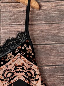 SHEIN VCAY 大尺碼女款蕾絲拼接休閒日常細肩帶背心上衣 - 黑色 - 查看 5