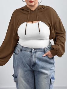 SHEIN CURVE+ 大尺碼黑色針織超短連帽毛衣，適合秋冬穿著 - 棕色 - 查看 4