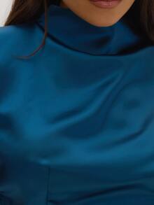 MUSEYN Teal Blue Satin Scarf Drape High Neck Top Classy Date Night Chic Evening Fall - Navy Blue - View 6