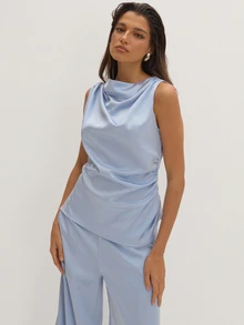 MUSEYN Blue Satin Ruched Drape Front Sleeveless Top Classy Date Night Chic Evening Fall - Baby Blue - View 1