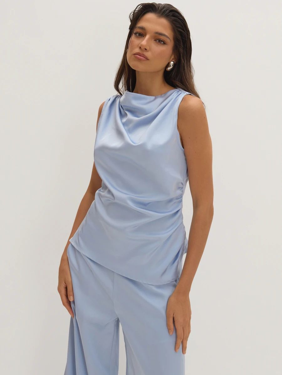 MUSEYN Blue Satin Ruched Drape Front Sleeveless Top Classy Date Night Chic Evening Fall - Baby Blue - View 1