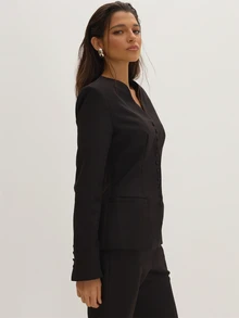MUSEYN Blazer Hitam Tenun Pas Badan dengan Bantalan Bahu dan Kancing, Elegan untuk Kencan Malam, Chic, dan Musim Gugur. - Hitam - View 4