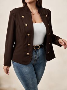 Chikora Plus Size Women's Long Sleeve Double-Breasted Open Front Jacket - Coffee Brown - View 3